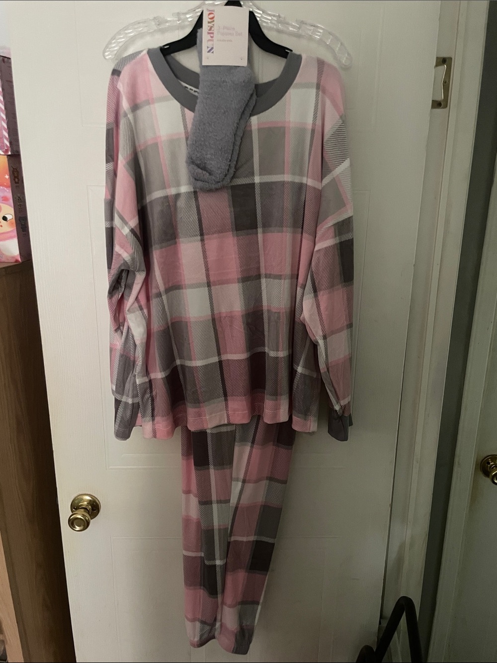 Joy Spun Cozy Plaid woman’s Pajama Set - Pink & Gray